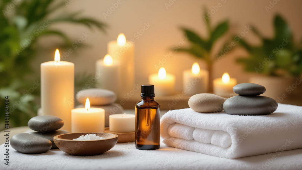The image shows a spa setting with candles The image shows a spa setting with candles