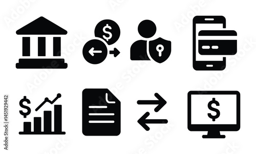 Banking and finance solid icons set – currency, transactions, financial symbols
