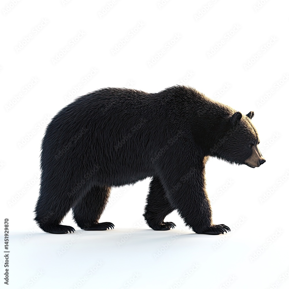 Fototapeta premium Majestic Black Bear Walking on White Background: A Striking Wildlife Image
