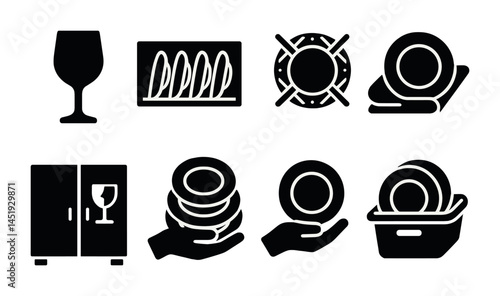 Kitchen and dining solid icons set – silhouette, filled, cookware and tableware symbols