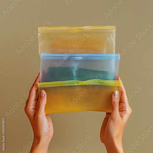 Hands holding colorful, reusable storage bags against a neutral background for eco-friendly organization