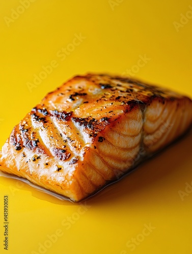 Grilled salmon fillet served on a vibrant yellow background, highlighting the juicy texture and appealing char marks