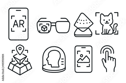 Augmented reality outline icons set – linear, digital experiences and vr symbols