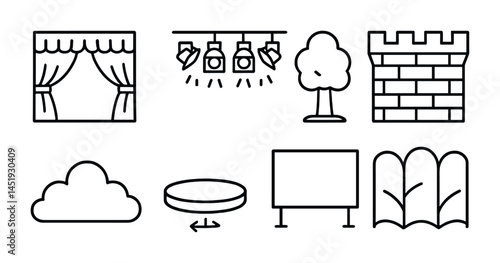 Theater and entertainment outline icons set – drama, performance, stage symbols