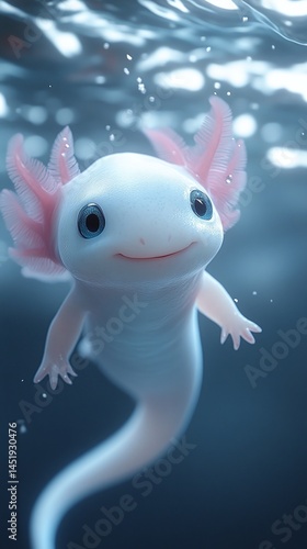 Bright white axolotl swimming gracefully in clear water with pink gills in a serene underwater environment