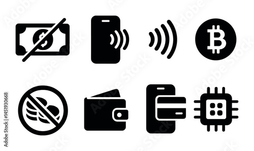 Cryptocurrency and finance solid icons set – filled, blockchain, digital currency symbols