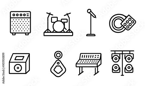 Music and audio outline icons set – line, instruments, sound, entertainment symbols