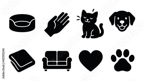 Pet care silhouette icons set – solid, animal care, veterinary symbols