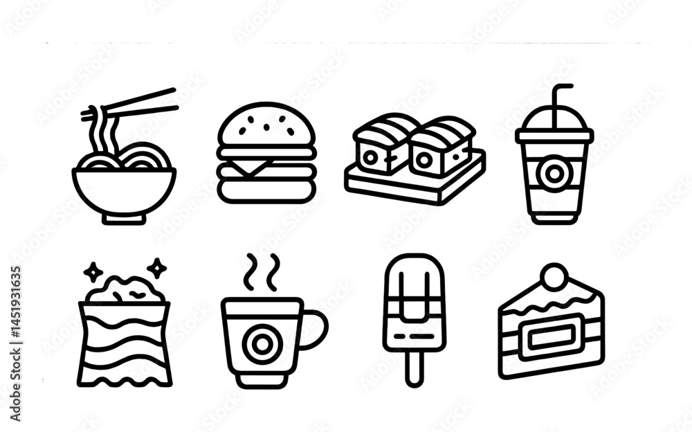 Food and drink icons set – outline, line, culinary and beverage symbols Food and drink icons set – outline, line, culinary and beverage symbols