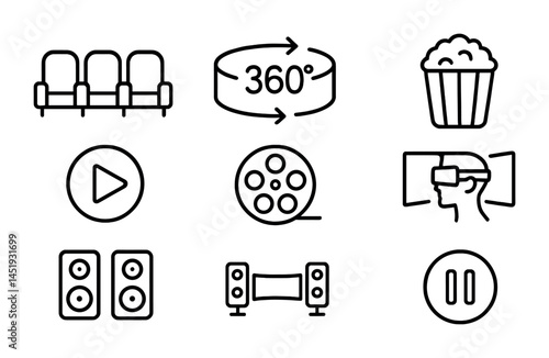 Cinema and media outline icons set – linear, movie, entertainment symbols