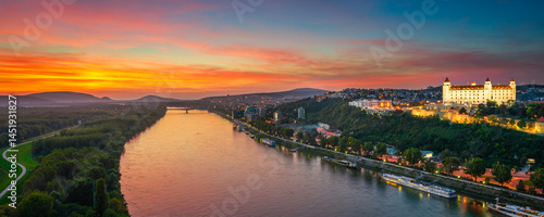 View of Danube river and Bratislava castle at sunset, Slovakia