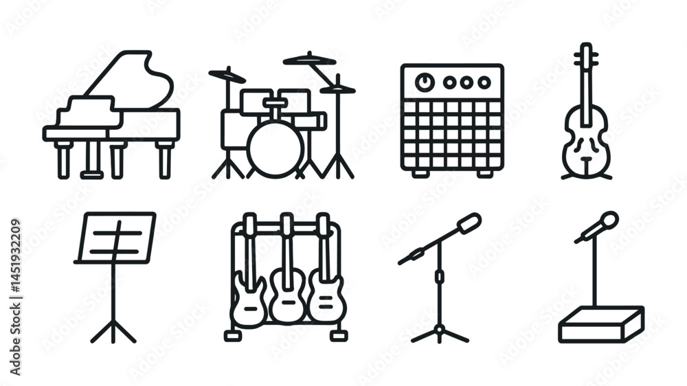 Fototapeta premium Music and instruments outline icons set – linear, minimal, concert visuals