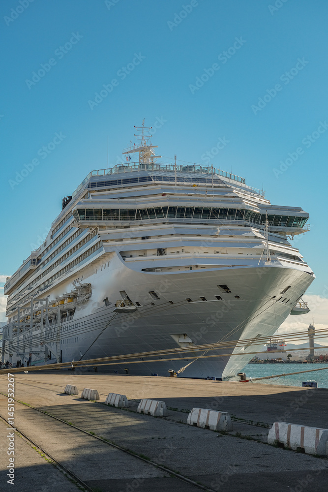 Mega family cruiseship cruise ship liner Fortuna docked at terminal in Marseille Provence, France during breathtaking sunset sunrise twilight blue hour dusk dawn silhouette scenic panorama