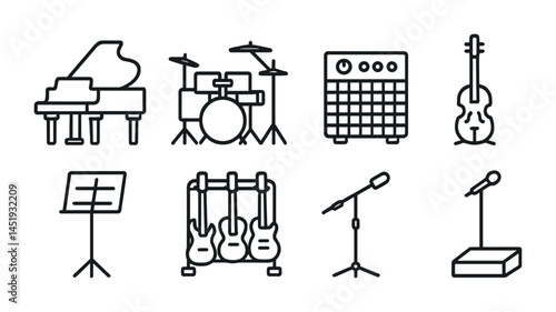 Music and instruments outline icons set – linear, minimal, concert visuals