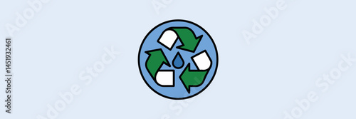 Blue globe recycling symbol with eco icons – Suitable for global sustainability messaging, environmental campaigns, or educational materials
