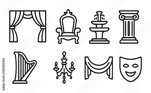 Theater and performance outline icons set – drama, stage, performing arts symbols