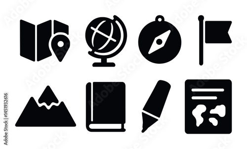 Maps and navigation solid icons set – flat, filled, travel and location symbols