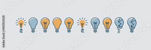 Vector icon sheet of lit, unlit, and broken lightbulbs – Perfect for UI elements, repair service branding, or energy awareness campaigns.