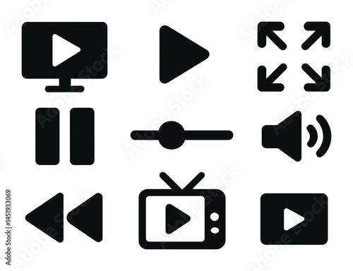 Multimedia and entertainment solid icons set – filled, audio and video symbols