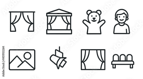 Theater arts line icons set – silhouette, stage, performance and leisure symbols