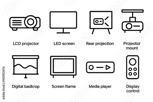 Projection equipment outline icons set – linear, digital, presentation tools