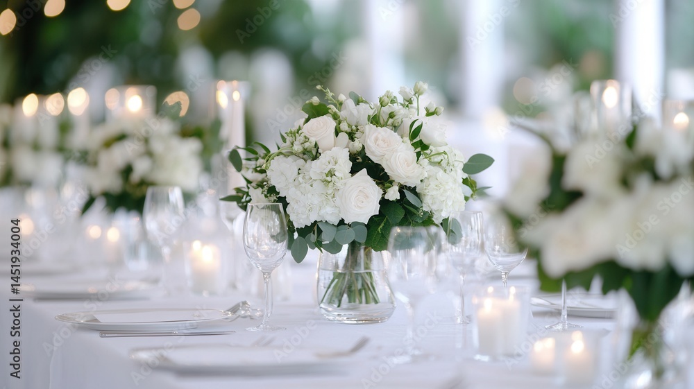 Fototapeta premium Round table is for a decor wedding reception, white featuring floral centerpiece, elegant tableware, and soft lighting, creating a luxurious atmosphere