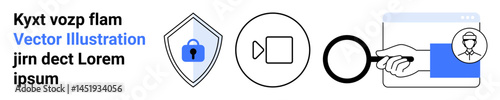 Shield with lock for cybersecurity, video icon, magnifying glass, and user identification. Ideal for security, privacy, online identity, data protection, digital tools tech awareness flat landing