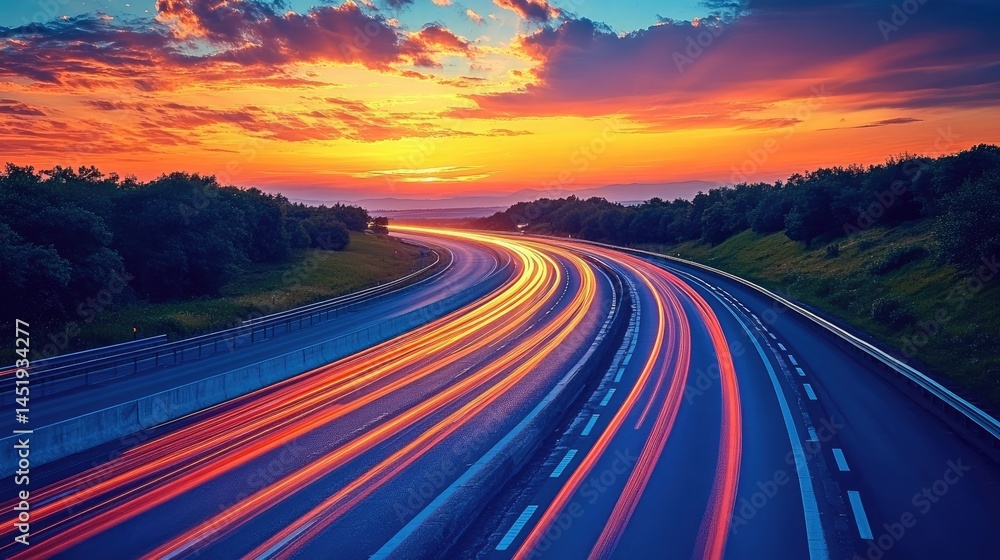 Fototapeta premium Highway at Sunset. Colorful streaks of light from cars illuminate a winding highway at sunset. Serene and vibrant colors of the sky and landscape