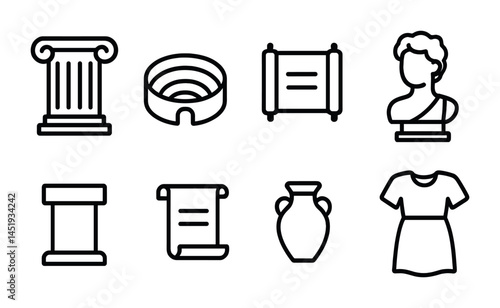 Ancient rome line icons set – outline, linear, historical and cultural symbols