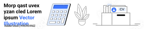 Calculator, plant on desk, file drawer with CV documents. Ideal for office setup, work organization, human resources, job application, productivity, minimalism flat landing page banner