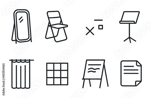 Home and office linear icons set – line, outline, furniture and decor symbols