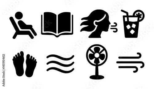Relaxation and leisure outline icons set – filled, silhouette, restful and calming symbols