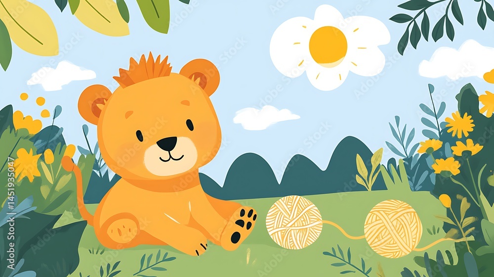 Cute lion cub knitting yarn outdoors. Cute lion cub knitting yarn outdoors.