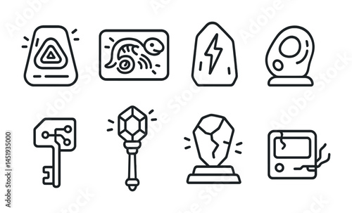 Mystical artifact line icons set – outline, linear, fantasy elements collection