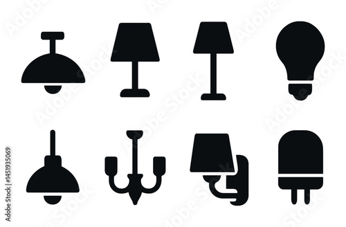 Home lighting silhouette icons set – solid, filled, lamps and illumination symbols