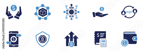 Cryptocurrency Icon Set .Blockchain, Bitcoin, Wallet, P2P, Mobile Payment, Crypto Security and Investment Icons for Fintech, Finance and Digital Currency Design