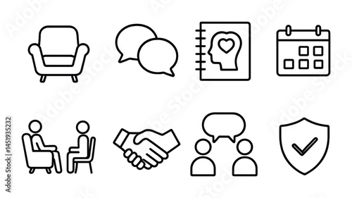 Mental health and wellness outline icons set – linear, solid, therapy symbols