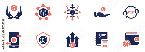 Cryptocurrency and Blockchain Icon Set – Bitcoin, P2P, Mobile Wallet, Secure Payment, Digital Finance, and Crypto Investment Graphics