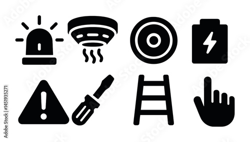 Safety and warning solid icons set – filled, emergency, hazard symbols for alerts