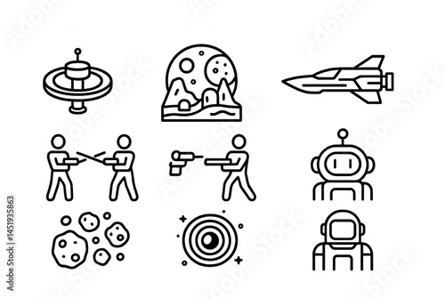 Space adventure icons set - outline, celestial, sci-fi, cosmic elements