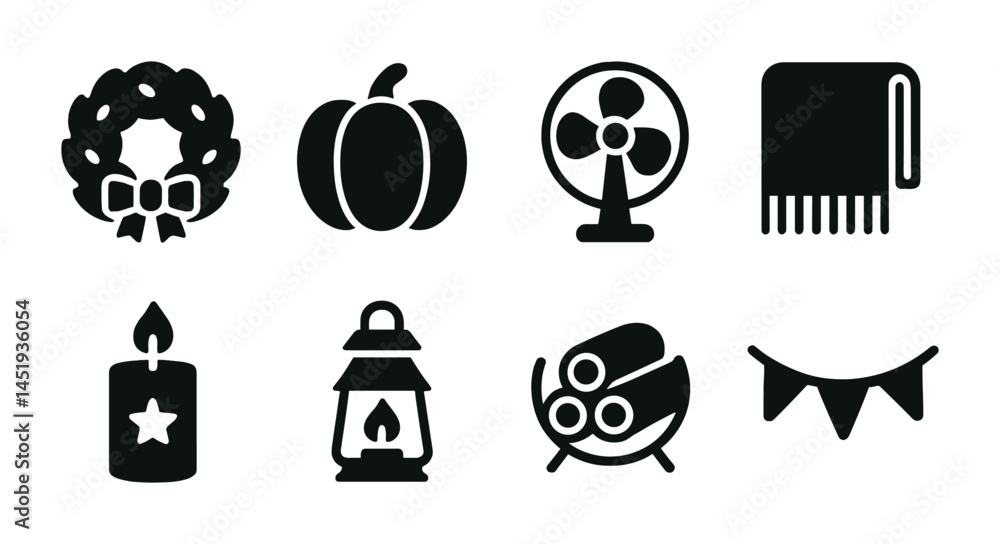 Holiday and festive silhouette icons set – seasonal, celebratory, winter symbols Holiday and festive silhouette icons set – seasonal, celebratory, winter symbols