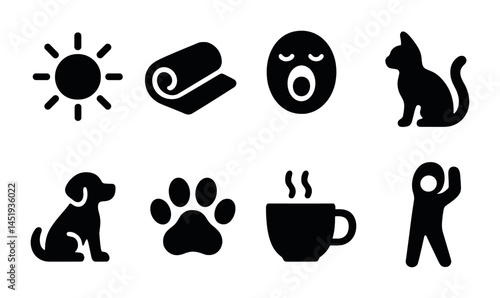 Pet and relaxation solid icons set – silhouette, filled, yoga and animal symbols