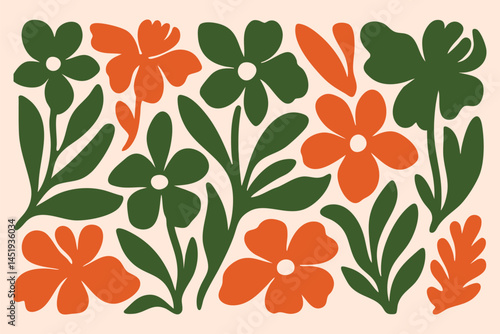 Vibrant Floral Arrangement with Stylized Flowers and Leaves