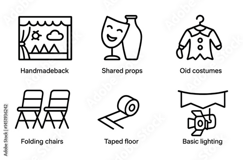 Theater production outline icons set – silhouette, stagecraft, performance symbols