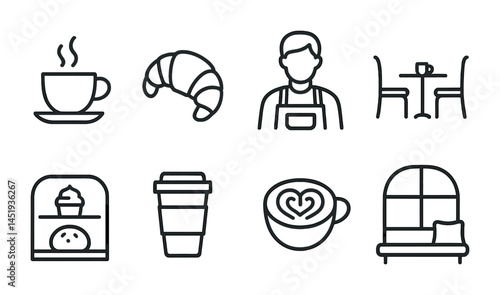 Coffee and cafe line icons set – outline, silhouette, barista, and beverage symbols