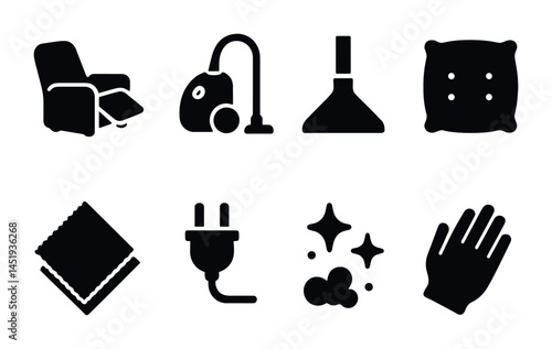 Home cleaning solid icons set – housekeeping, chores, domestic maintenance symbols