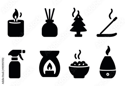 Aromatherapy and relaxation solid icons set – filled, spa, wellness symbols