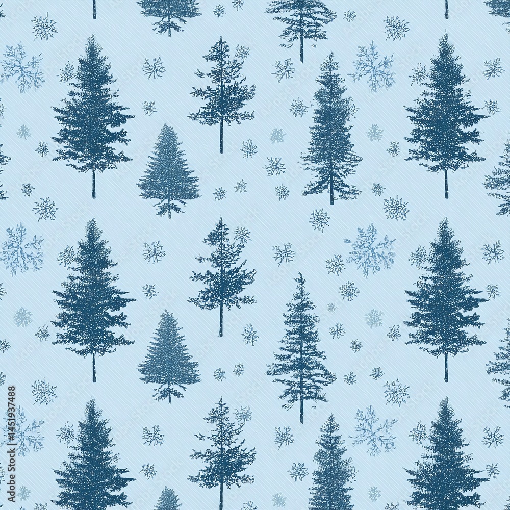 Fototapeta premium Winter-themed seamless pattern featuring blue trees and snowflakes on a light blue background