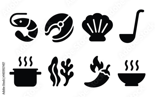 Seafood and culinary silhouette icons set – kitchen, cooking, gourmet symbols