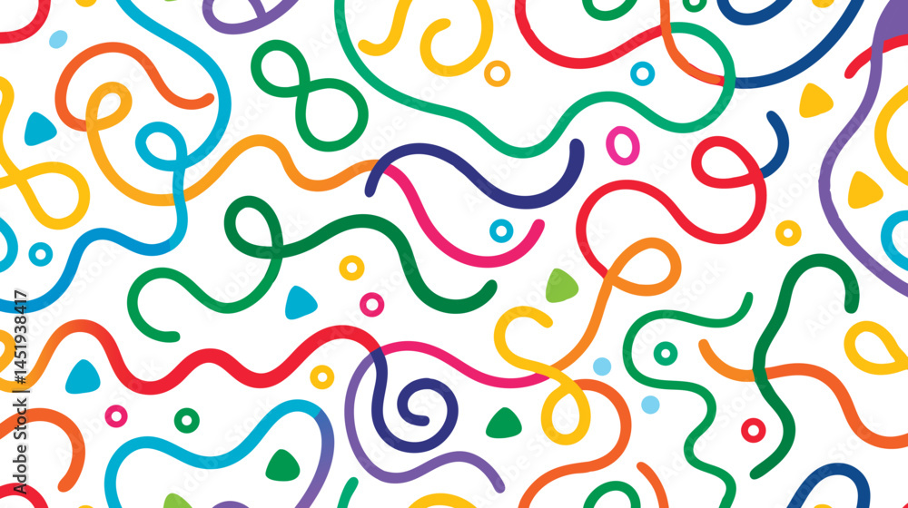 Fototapeta premium Colorful Squiggles Seamless, Whimsical, Abstract Line Art. Wavy Pattern on White Background. Vibrant and Playful Abstract Composition with Wavy Lines